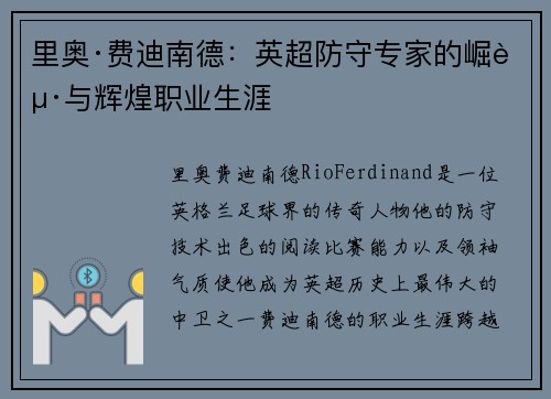 里奥·费迪南德：英超防守专家的崛起与辉煌职业生涯