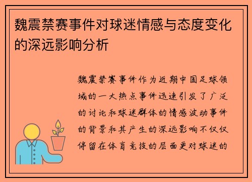 魏震禁赛事件对球迷情感与态度变化的深远影响分析