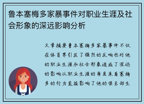 鲁本塞梅多家暴事件对职业生涯及社会形象的深远影响分析