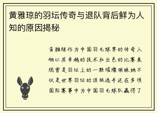 黄雅琼的羽坛传奇与退队背后鲜为人知的原因揭秘