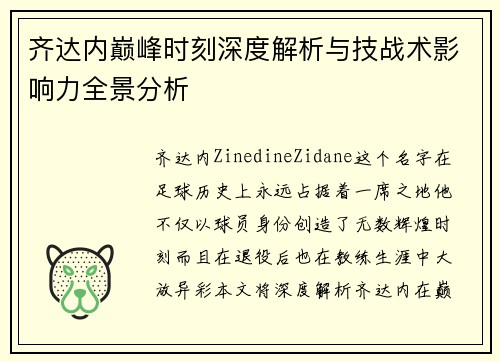 齐达内巅峰时刻深度解析与技战术影响力全景分析
